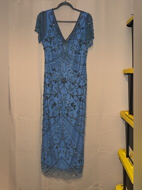 Pisarro Nights Beaded Sky Blue V-Neck Maxi Dress